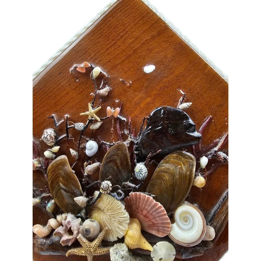 Vintage Signed 3D Seashell Nautical Wood Wall Art Plaque Rope Border 8.5in